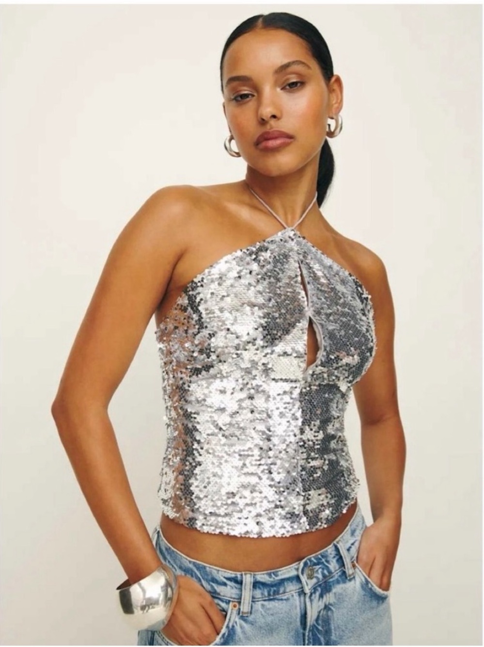 Reformation Silver Sequin Halter Crop Tula Top - Size 0